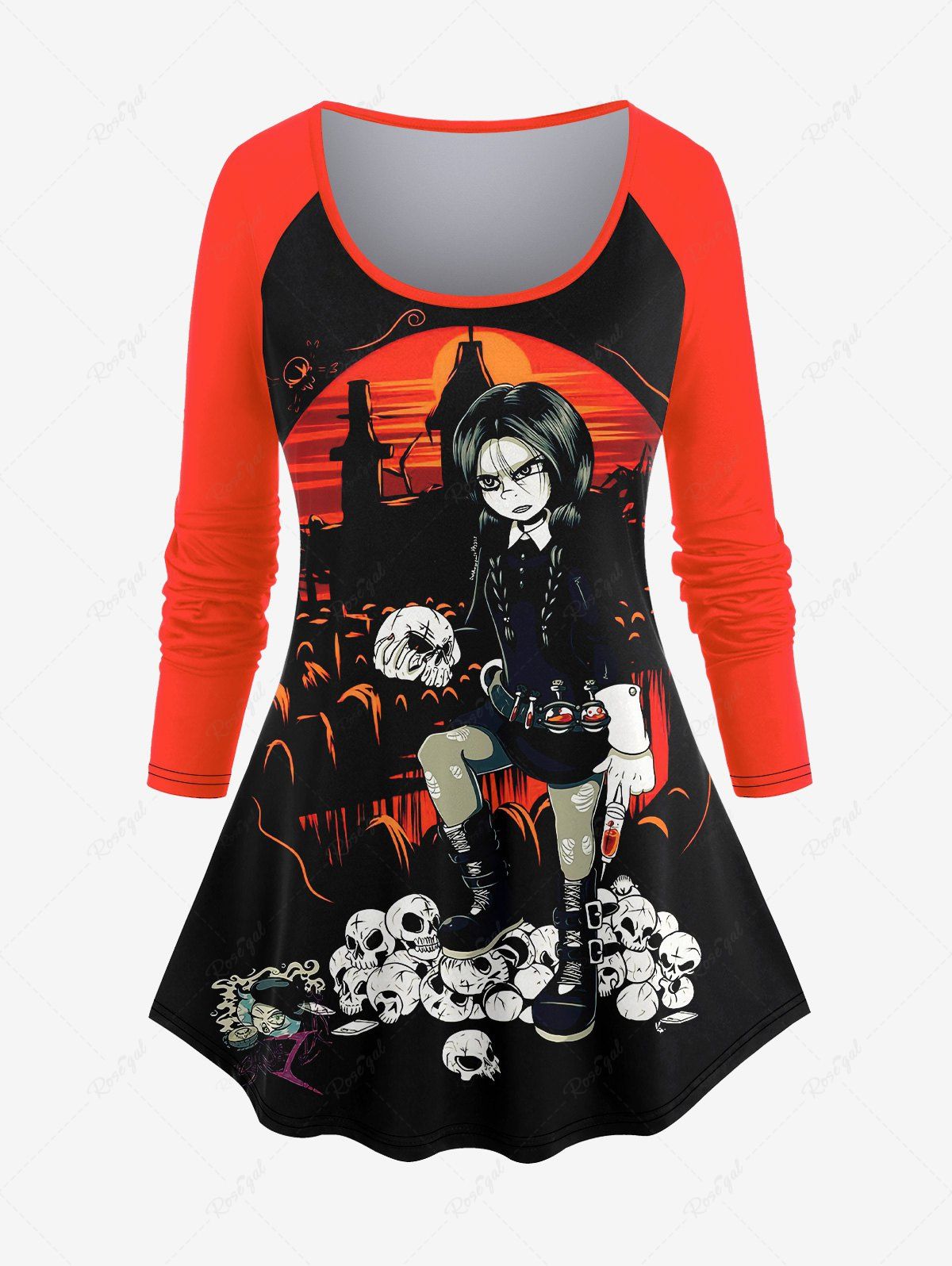Hot Plus Size Skulls Girl Cross Colorblock Print T-shirt  