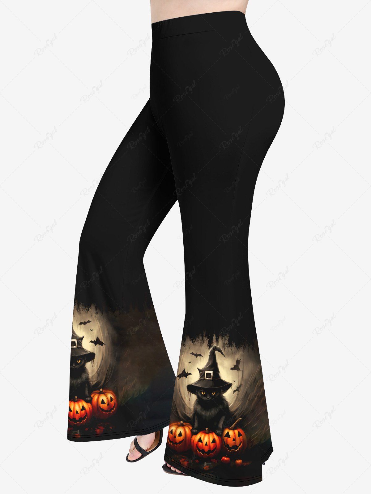 Pantalon Evasé D'Halloween Citrouille et Chat Imprimés de Grande Taille Noir 6X
