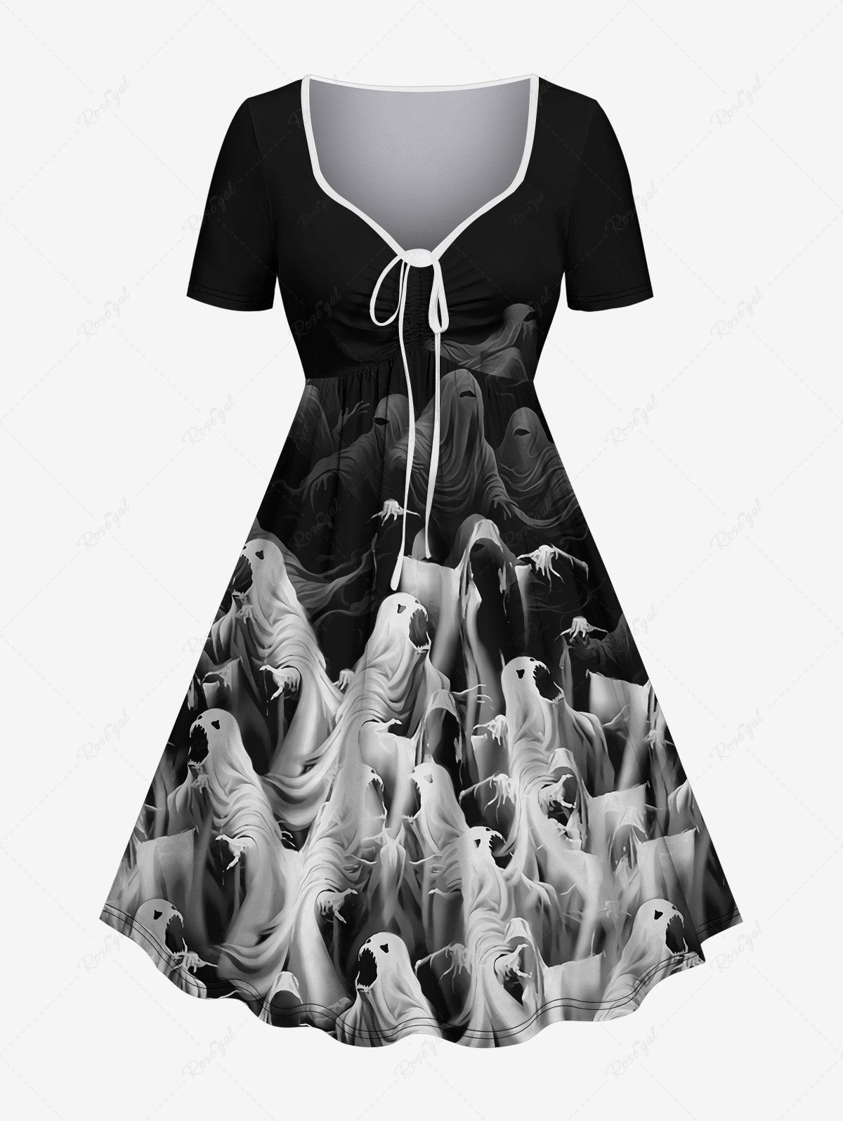 Affordable Plus Size Ghost Print Cinched Halloween Dress  