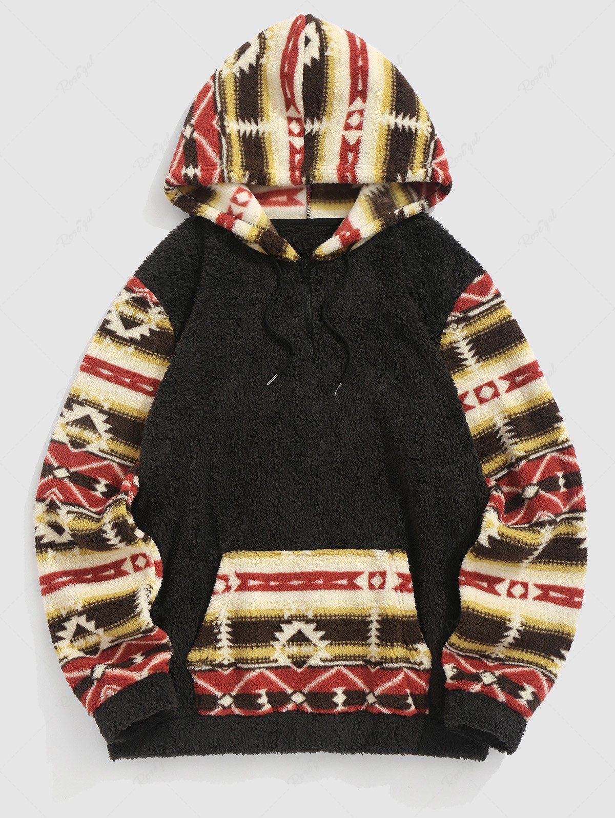 Buy Men's Retro Ethnic Aztec Printed Fluffy Fleece Kangaroo Pocket Pullover Hoodie  