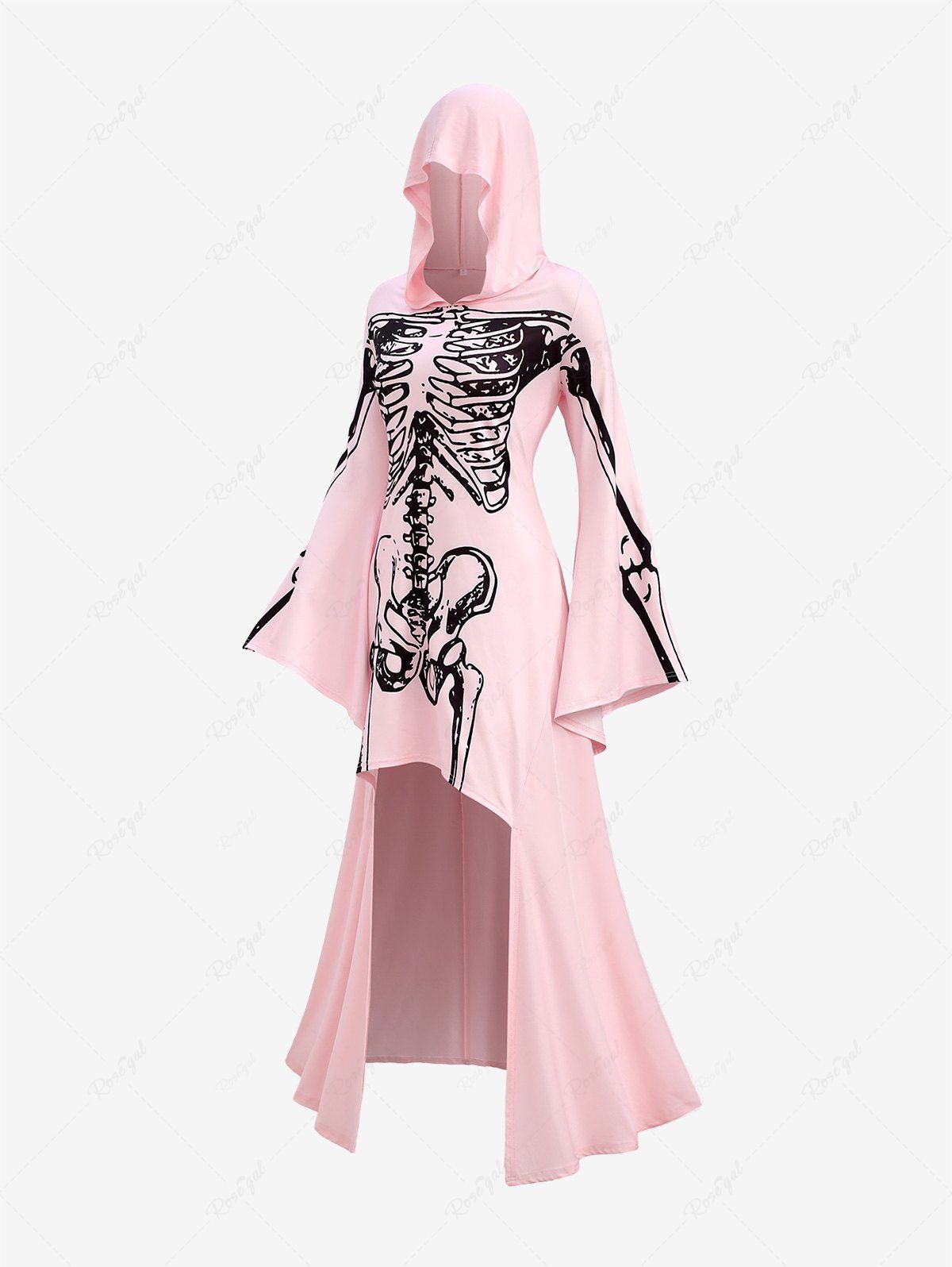 Unique Plus Size Halloween Skeleton Print Bell Sleeves Hooded High Low Dress  
