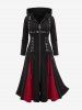 Plus Size Zipper Lace Up Grommets PU Leather Stripe Hooded Coat and Gothic Lace Up Contrast Godet Hem Flare Pants Outfit -  