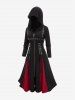 Plus Size Zipper Lace Up Grommets PU Leather Stripe Hooded Coat and Gothic Lace Up Contrast Godet Hem Flare Pants Outfit -  