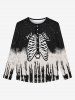 T-shirt D'Halloween Déchiré Gothique Squelette Galaxie Imprimés avec Boutons - Noir 5XL