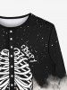 T-shirt D'Halloween Déchiré Gothique Squelette Galaxie Imprimés avec Boutons - Noir 8XL