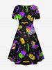 Plus Size Ghost Mask Feather Crown Star Print Cinched Halloween Dress -  
