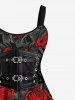 Plus Size Rose 3D Grommet Lace Up Print Tank Dress -  