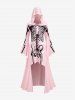 Plus Size Halloween Skeleton Print Bell Sleeves Hooded High Low Dress -  