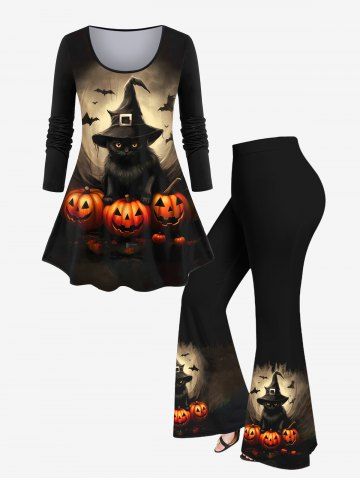 Plus Size Pumpkin Bat Cat Wizard Printed Halloween T-shirt and Flare Pants Outfit - BLACK