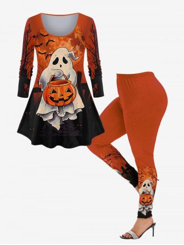T-shirt D'Halloween Chauve-souris Citrouille Fantôme et Legging Imprimés de Grande Taille