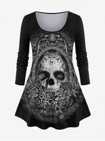 Plus Size Halloween Skull Vintage Flower Print T-shirt - BLACK - S