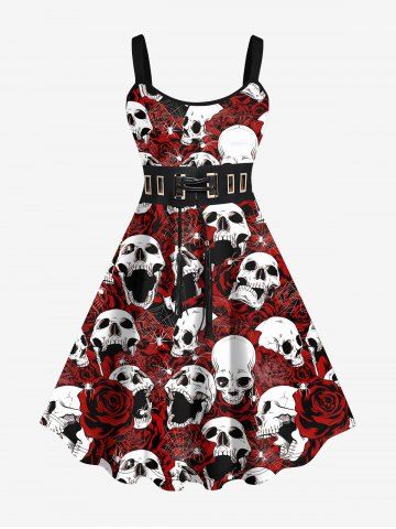 Plus Size 3D Skulls Rose Flower Spider Lace Up Print Halloween Dress - DEEP RED - M