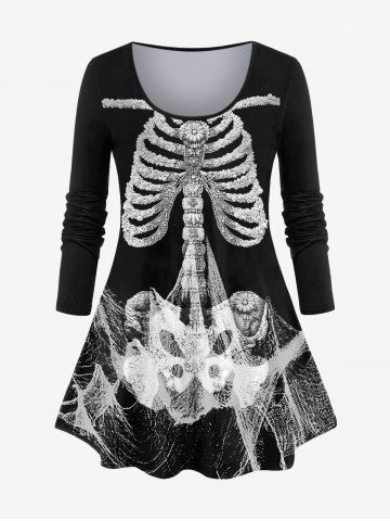 Plus Size 3D Skeleton Print Halloween Long Sleeves T-shirt - BLACK - S