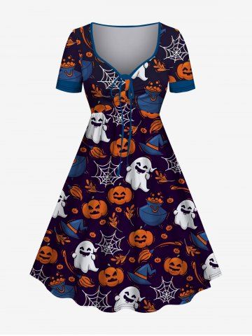 Plus Size Halloween Costume Ghost Pumpkin Hat Spider Web Print Cinched Dress
