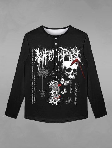 T-shirt Gothique D'Halloween Crâne Papillon et Dragon Imprimés avec Boutons - BLACK - M