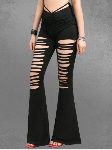 Gothic Ripped Cinched Tied Solid Flare Pants - BLACK - L | US 12