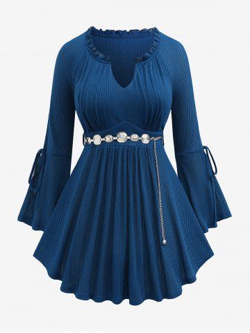 Plus Size Tied Ruched Ruffles Bell Sleeves Chain Belt Textured T-shirt - DEEP BLUE - L | US 12