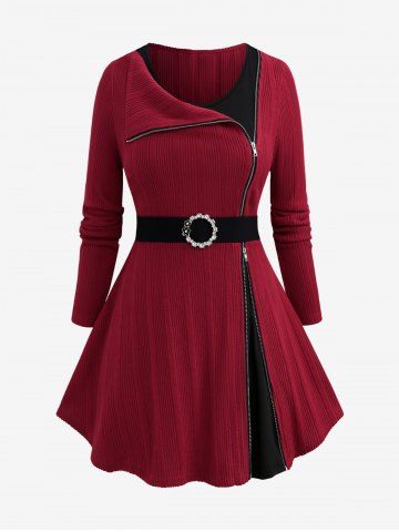 Plus Size Turn Down Collar Ribbed Zipper O-Ring Buckle Belt Knitted 2 in 1 Tops - DEEP RED - M | US 10