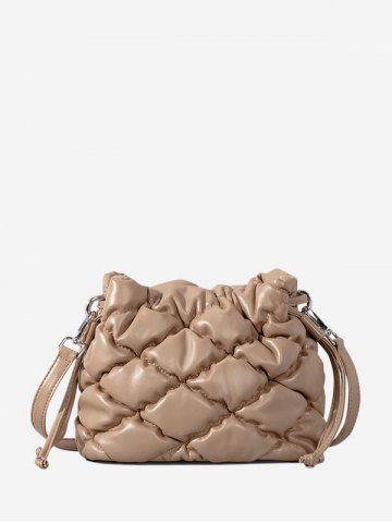 Women's Solid Color Argyle Quilted Pineapple Shape Drawstring Crossbody Bag - TAN