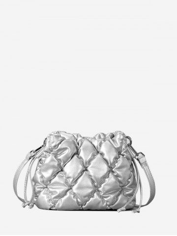 Women's Solid Color Argyle Quilted Pineapple Shape Drawstring Crossbody Bag - SILVER