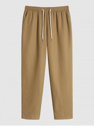 Men's Basic Minimalist Style Solid Color Drawstring Casual Pants - CAMEL BROWN - S