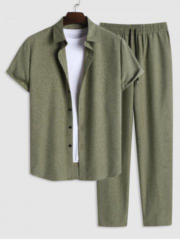Short Sleeves Button Front Shirt and Drawstring Pants Set - DEEP GREEN - XL