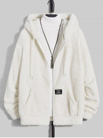 Men's Basic Style Solid Color Fluffy Teddy Fleece Front Pocket Zip Fly Hooded Jacket - WHITE - XL