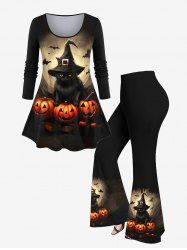 Plus Size Pumpkin Bat Cat Wizard Printed Halloween T-shirt and Flare Pants Outfit -  