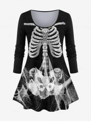Plus Size 3D Skeleton Print Halloween Long Sleeves T-shirt -  