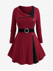 Plus Size Turn Down Collar Ribbed Zipper O-Ring Buckle Belt Knitted 2 in 1 Tops -  