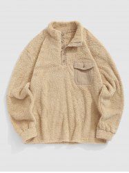 Pocket Design Quarter Button Corduroy Faux Fur Spliced Fluffy Teddy Sweatshirt -  