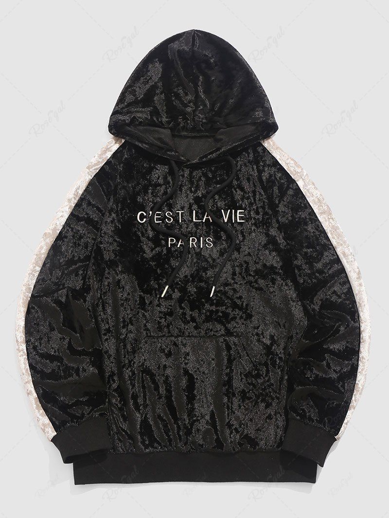 Online Men's C'EST LA VIE PARIS Letter Embroidered Fuzzy Fleece Colorblock Sleeves Kangaroo Pocket Design Pullover Hoodie  