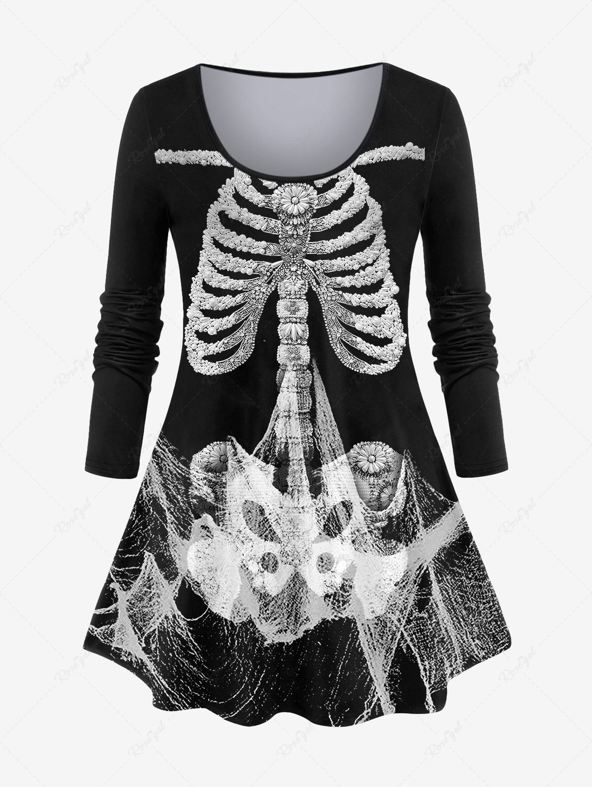 Store Plus Size 3D Skeleton Print Halloween Long Sleeves T-shirt  