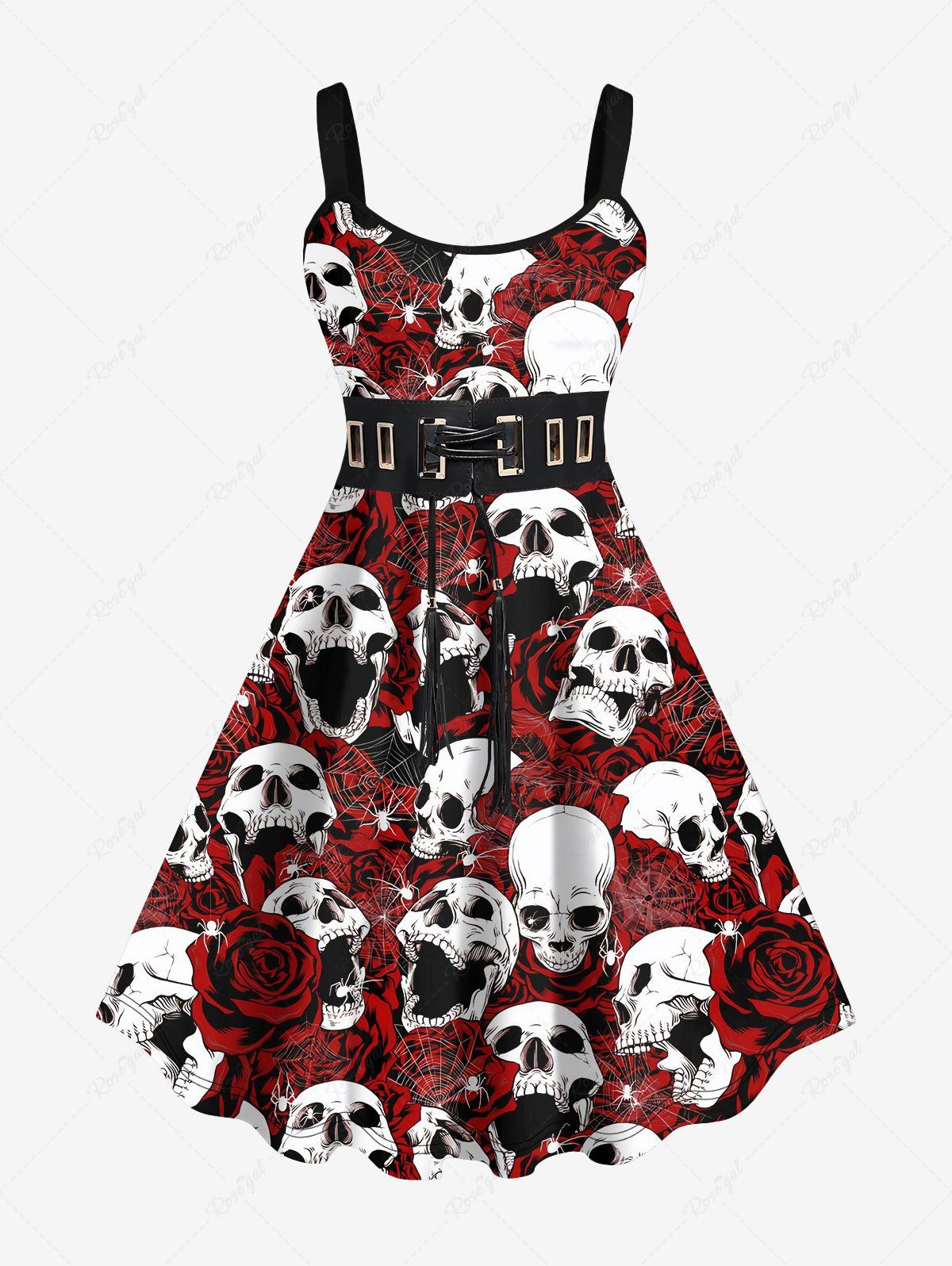Trendy Plus Size 3D Skulls Rose Flower Spider Lace Up Print Valentines Dress  