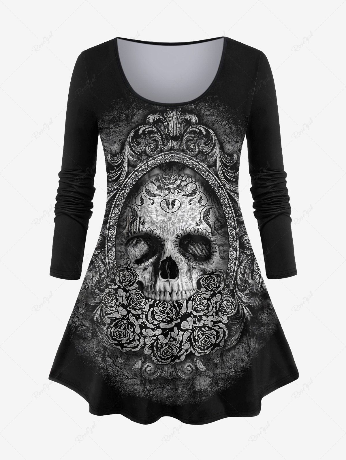Hot Plus Size Halloween Skull Vintage Flower Print T-shirt  