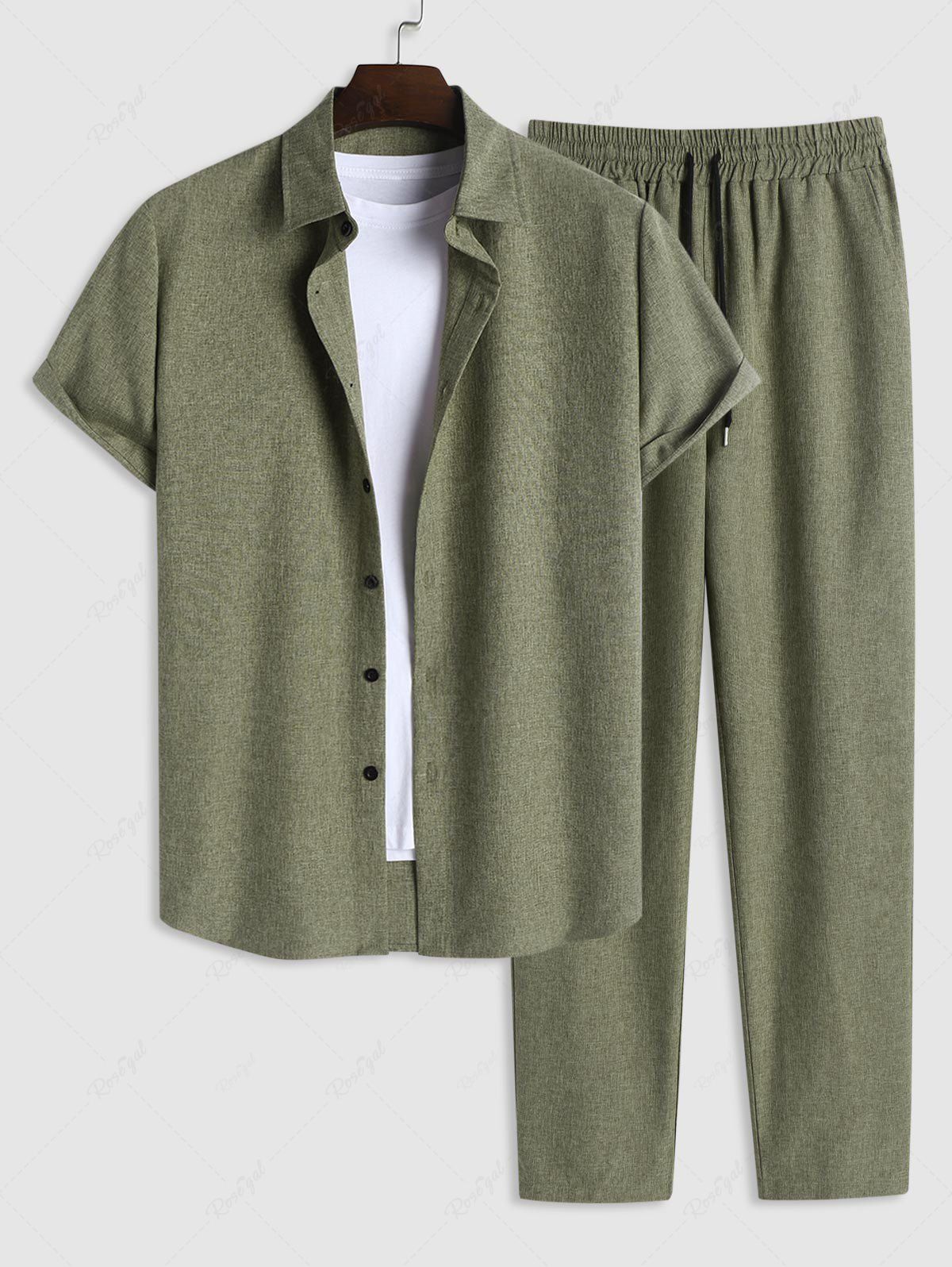 Outfits Short Sleeves Button Front Shirt and Drawstring Pants Set  