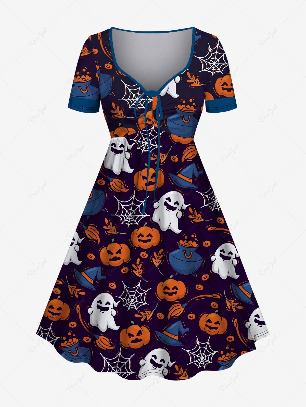 Cheap Plus Size Halloween Costume Ghost Pumpkin Hat Spider Web Print Cinched Dress  