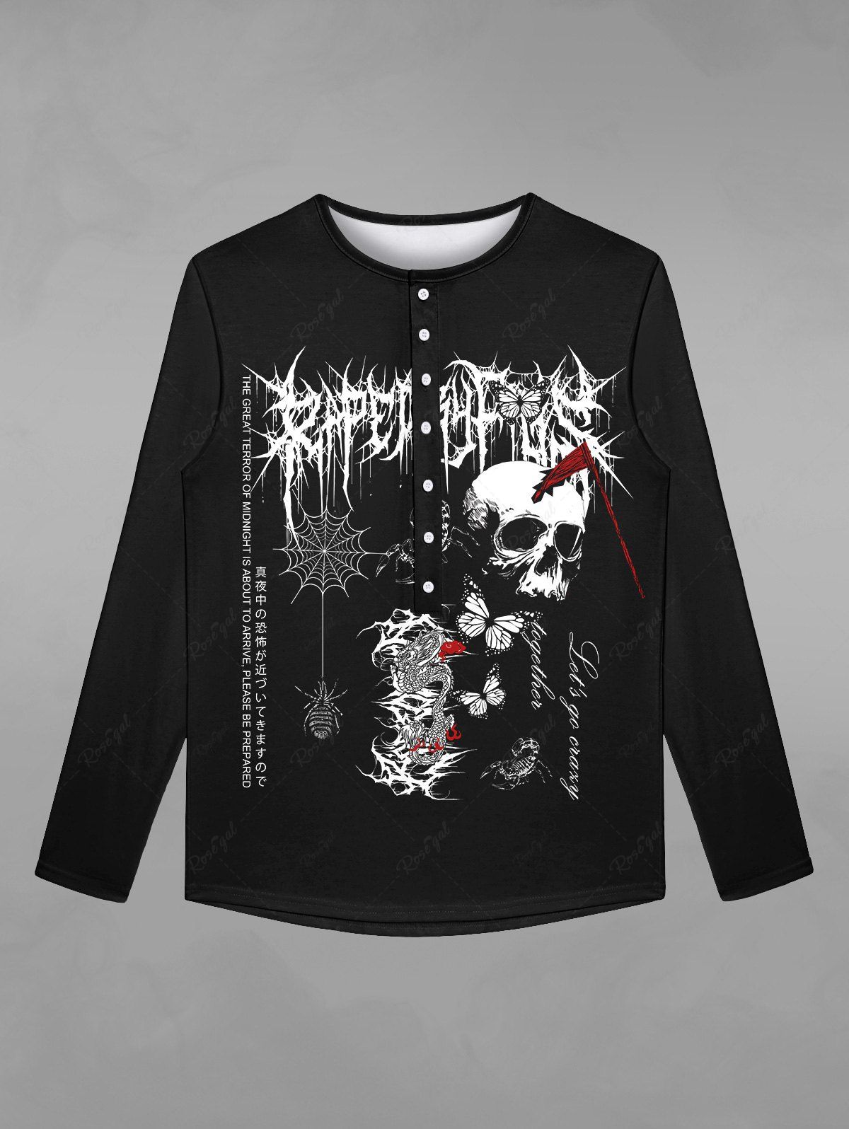 T-shirt Gothique D'Halloween Crâne Papillon et Dragon Imprimés avec Boutons Noir 8XL