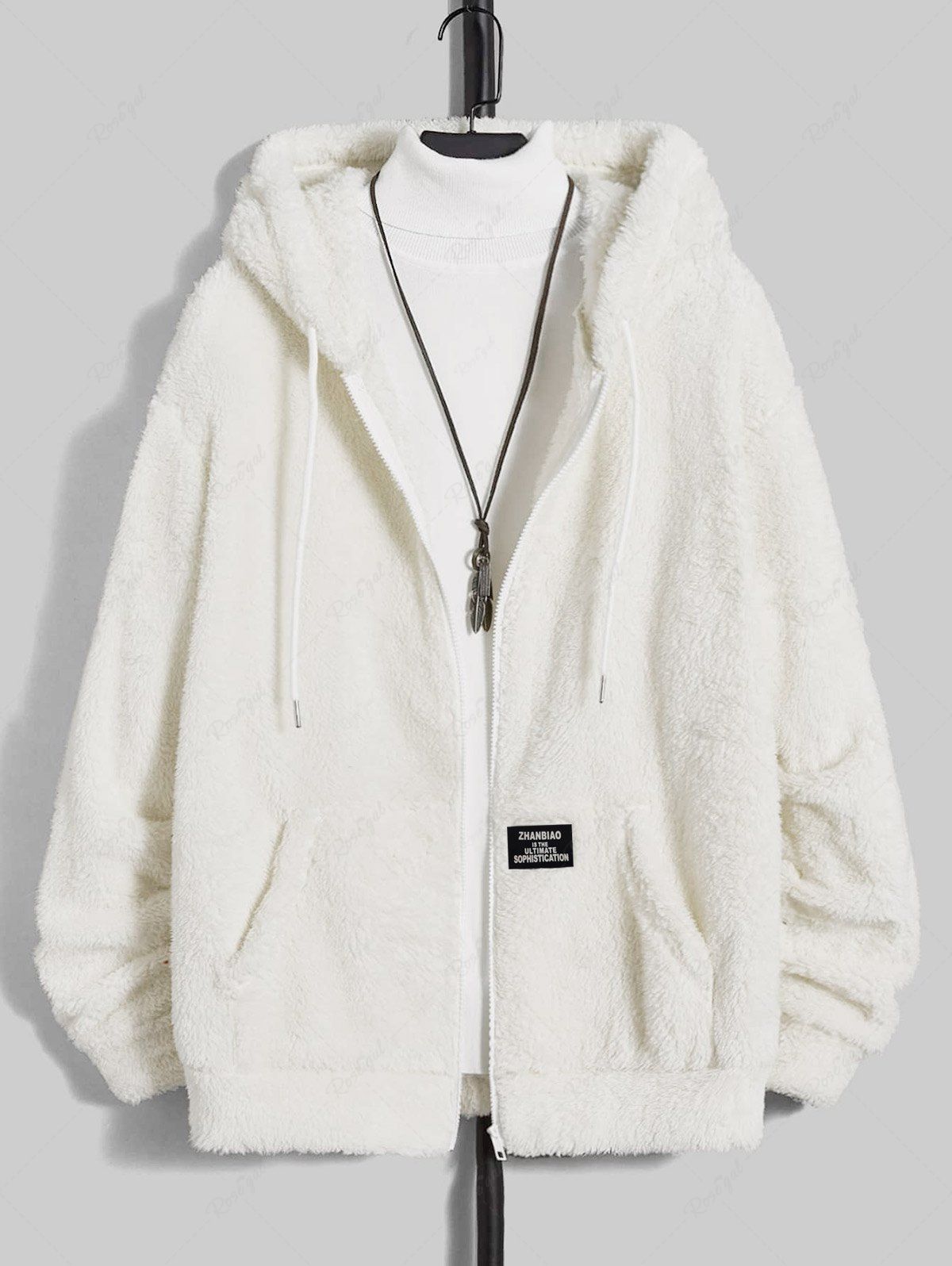 Online Men's Basic Style Solid Color Fluffy Teddy Fleece Front Pocket Zip Fly Hooded Jacket  