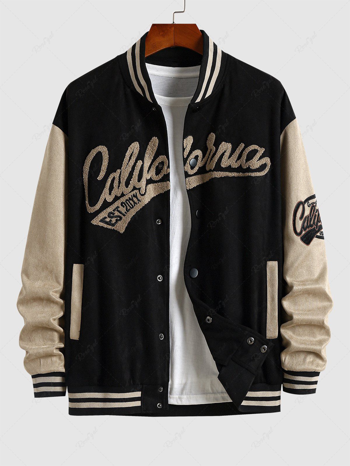 Discount Men's Terry Cloth California Pattern Stand Collar Faux Suede Insert Colorblock Snap Button Up Baseball Bomber Jacket  