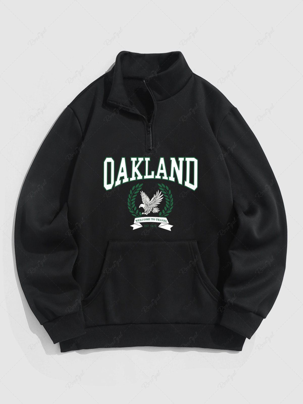 Store Men's OAKLAND Eagle Printed Quarter Zip Stand Collar Kangaroo Pocket Thermal Fleece-lined Pullover Sweatshirt  