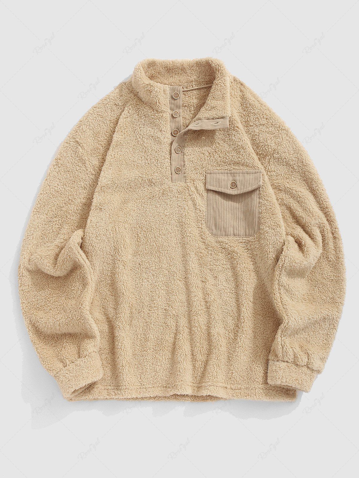 Unique Pocket Design Quarter Button Corduroy Faux Fur Spliced Fluffy Teddy Sweatshirt  
