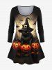 Plus Size Pumpkin Bat Cat Wizard Printed Halloween T-shirt and Flare Pants Outfit -  