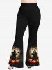 Plus Size Pumpkin Bat Cat Wizard Printed Halloween T-shirt and Flare Pants Outfit -  