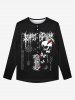 T-shirt Gothique D'Halloween Crâne Papillon et Dragon Imprimés avec Boutons - Noir L