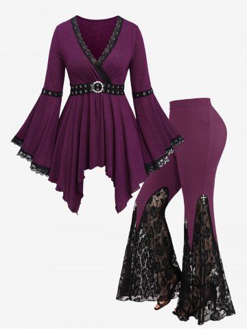 Plus Size Ruched Lace Butterfly Sleeves Surplice Handkerchief Tee and Flare Pants Outfit
