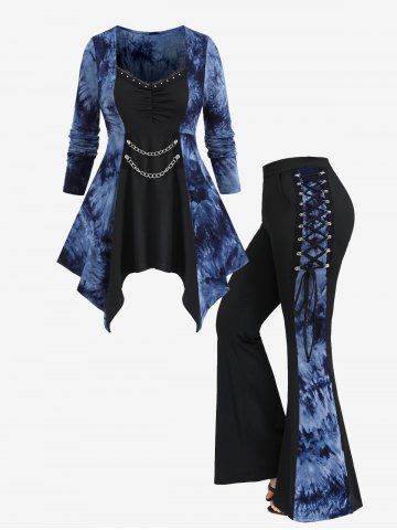 Plus Size Tie Dye Chains Rivet Lace Trim Ruched Asymmetrical T-shirt and Flare Pants Outfit - BLUE