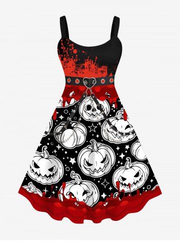 Plus Size Halloween Costume Pumpkin Star Grommets PU Leather Stripes Print Tank Dress - RED - L