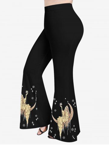 Plus Size Moon Tassel Star Goddess Print Flare Pants - BLACK - M