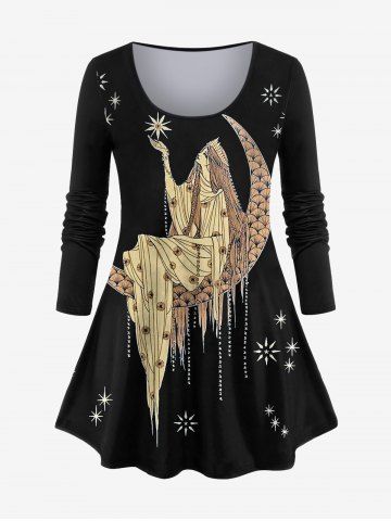 Renaissance Plus Size Moon Star Tassle Goddess Print T-shirt - BLACK - 4X
